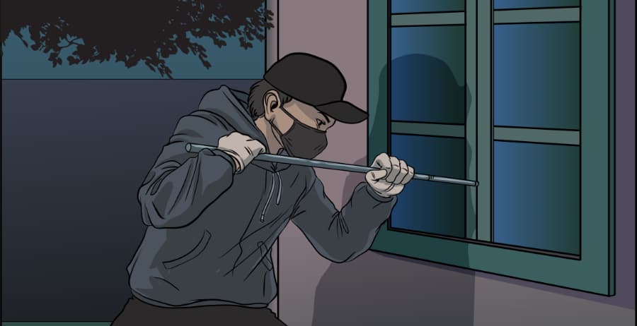 Illustration of burglar forcing entry through a window in West Bloomfield